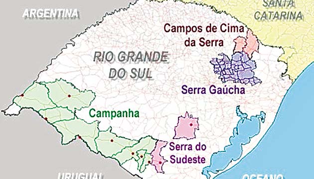 Las cuatro zonas productoras de vinos en Río Grande del Sur son la Campaña, los Campos de Cima, la Sierra del Sudeste y la Sierra Gaucha.