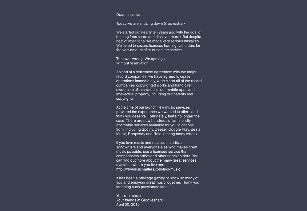 Comunicado que aparece al acceder a Grooveshark.com