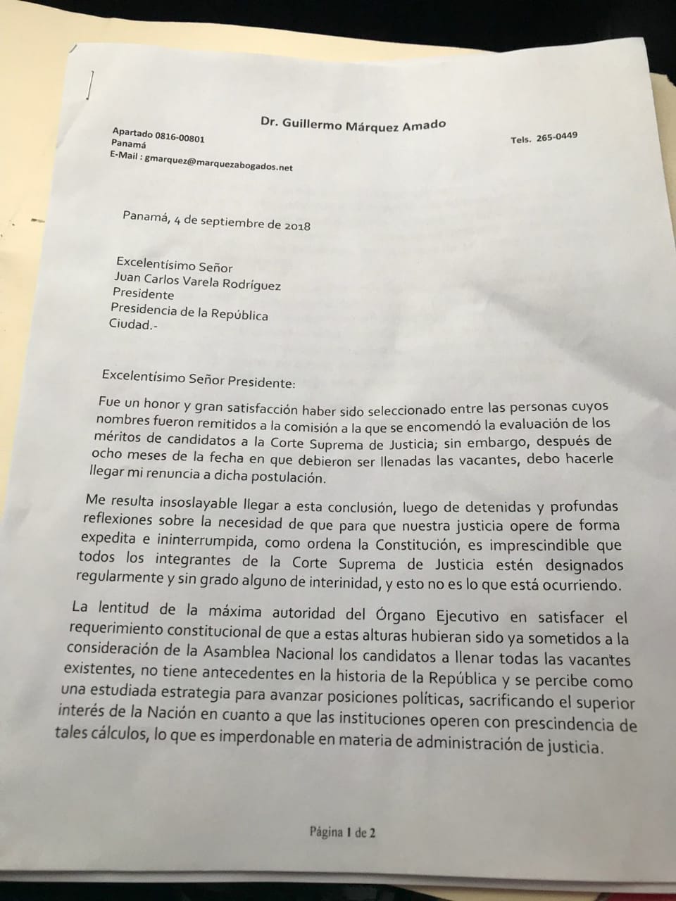 Carta de Guillermo Marquez Amado, aspirante a la Corte Suprema de Justicia. Carta de Guillermo Marquez Amado, aspirante a la Corte Suprema de Justicia.