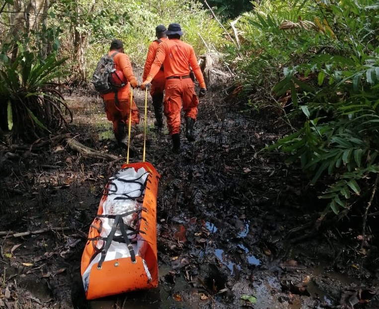Personal del Sinaproc, utilizando una camilla de rescate, envolvió el cadáver y lo sacó del área. Foto: Diómedes Sánchez Personal del Sinaproc, utilizando una camilla de rescate, envolvió el cadáver y lo sacó del área. Foto: Diómedes Sánchez