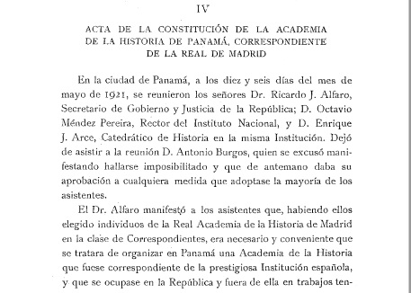 Acta de constitución de la Academia de Historia de Panamá.