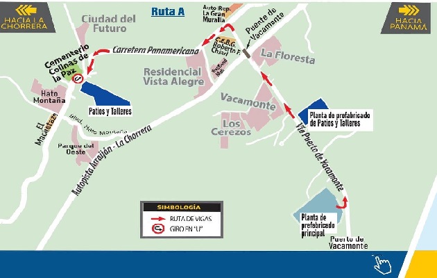 Gráfico sobre la Ruta A, para el movimiento de las vigas y material de la Línea 3 del Metro. 