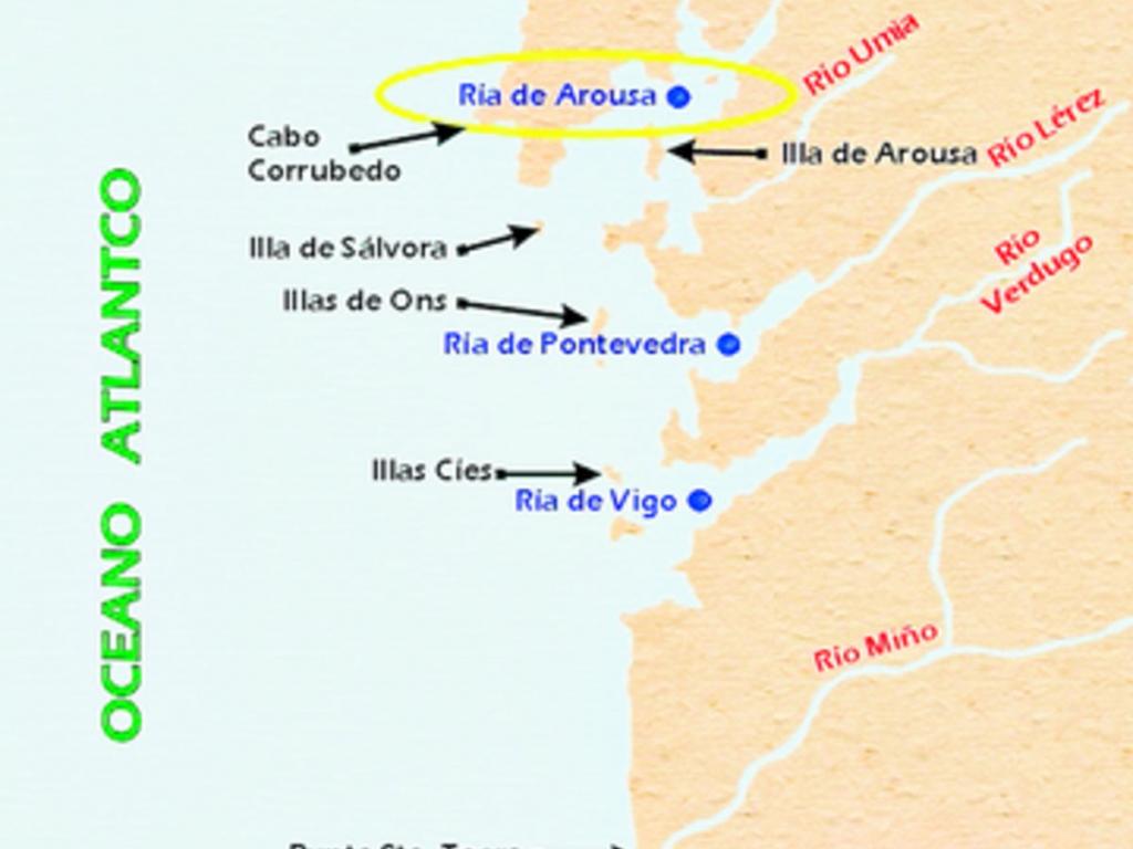 Las cinco Rías Baixas son de norte a sur, la Ría de Corcubión, Muros y Noya, Arosa, Pontevedra y Vigo.