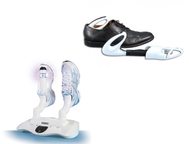 Aparatos que emiten luz ultravioleta y se insertan en el zapato para matar las bacterias y olores (i abajo) Shuvee (d arriba) Sterishoe