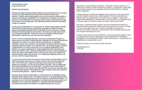 'No sé hacia dónde se dirige la nación', advierte Mulino en carta pública 