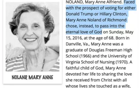 Obituario: Mujer prefirió morir que votar por Trump o Clinton