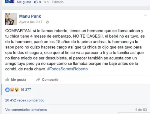 #TodosSomosRoberto: Facebook se une por una infidelidad