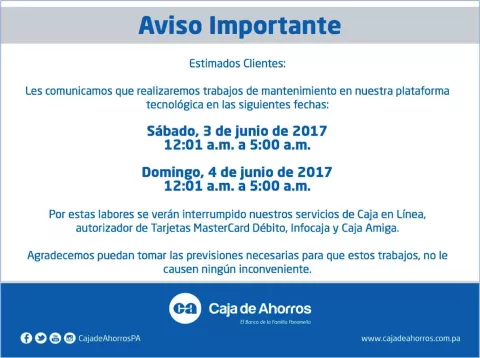 CA realizará mantenimiento de plataforma tecnológica