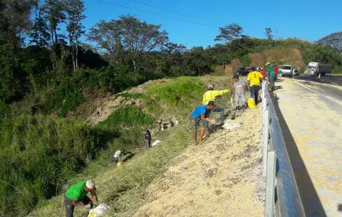 Reguero y 'recogedera' de maíz tras volcarse camión en Veraguas 