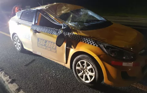 ¡Susto! Cae contenedor cargado de langostinos sobre taxi
