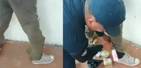Video: Lo atrapan con diez cajas de pasta de dientes y ocho latas de jamonilla ocultas en su ropa