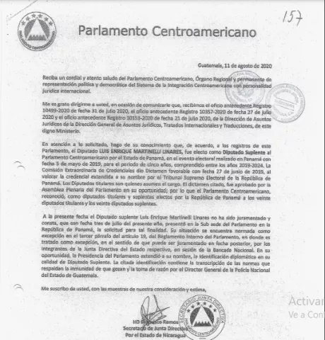 Nota del Parlamento Centroamericano confirma que Luis Enrique Martinelli tiene inmunidad