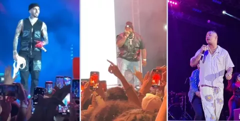 'Sech' y 'El Boza', en la tarima de Rauw Alejandro durante su concierto en el Estadio Emilio Royo