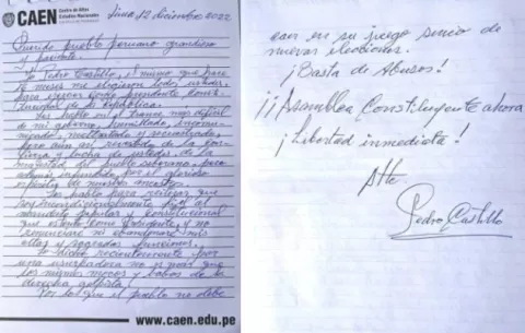Pedro Castillo publica carta desde su centro de arresto