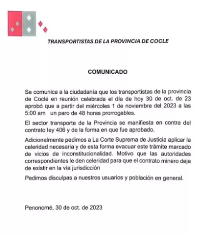 Coclé: suspenderán servicio de transporte por 48 horas
