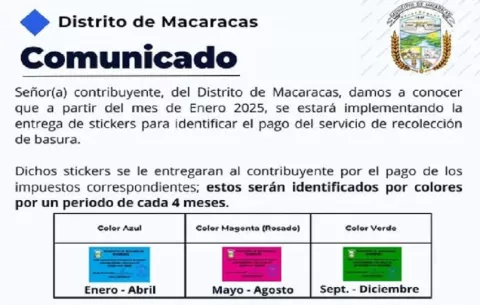 Macaracas: implementarán uso de ‘stickers’  para identificar a clientes que pagan la basura