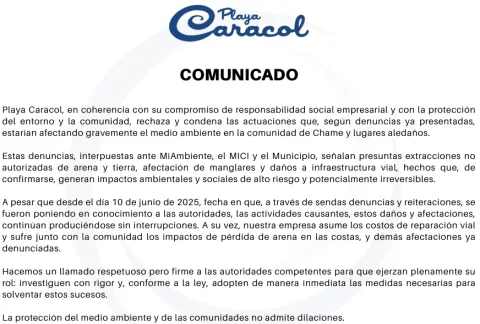 Comunicado de Playa Caracol