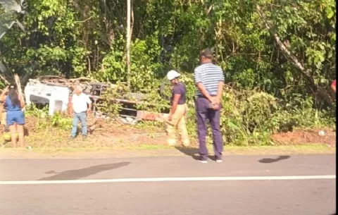 Camión con tanques de gas se voltea y queda metido en matorral en Colón