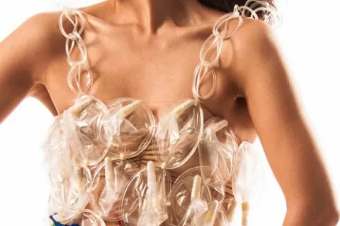 Crean vestido hecho de condones para promover su uso