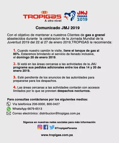 Tropigas realizará despachos nocturnos por la Jornada Mundial de la Juventud