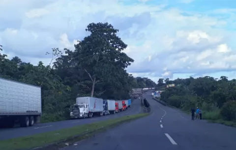 Largas filas de camiones articulados a orilla de la vía Interamericana en Paso Canoas 