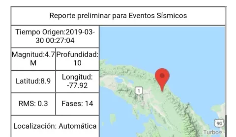 Reportan sismo de 4.7 grados en área limítrofe de Guna Yala y Darién