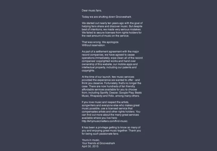Comunicado que aparece al acceder a Grooveshark.com