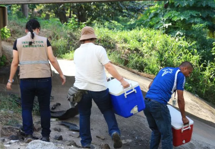 Toman muestras del agua del río Caimito.  / Pablo Castillo Miranda