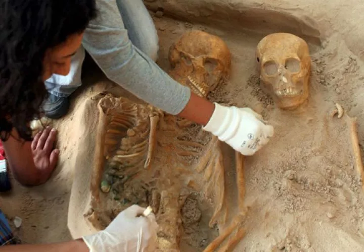 Arqueólogos líbaneses trabajan en unos esqueletos humanos. Foto/ EFE