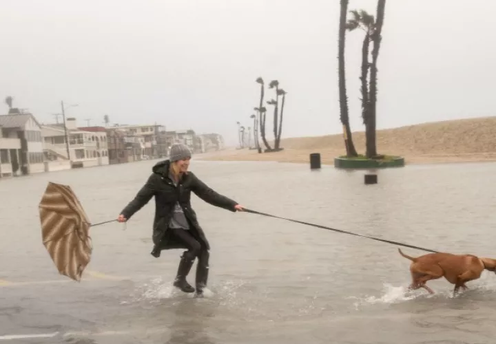 Una chica y su perro sortean el mal tiempo. AP