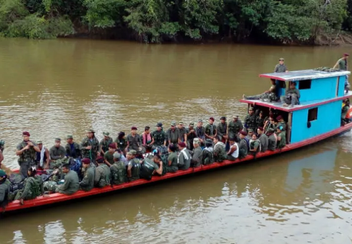 Bloque Sur de las Farc, dirigiéndose a los sitios de concentración por el río Mecaya en el Putumayo. FOTO/EFE