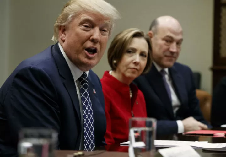 Donald Trump reunido con su principal asesor económico Gary Cohn. FOTO/AP