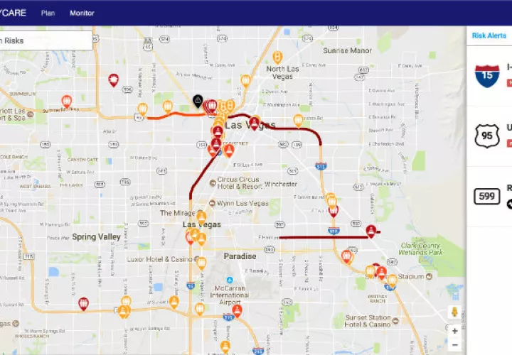 Aplicación Waycare, que pone de relieve un segmento de la autopista US 95 al oeste del Spaghetti Bowl en Las Vegas. FOTO/EFE 