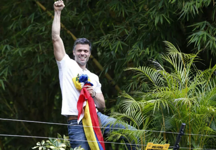 El líder opositor Leopoldo López saluda desde el muro de su casa a los simpatizantes. FOTO/AP