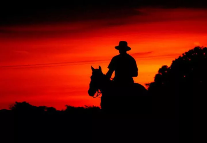 Un llanero cabalga al atardecer después de su día de trabajo