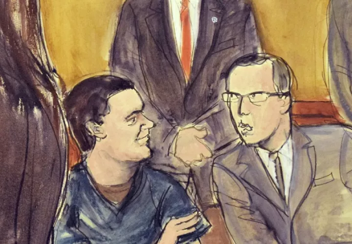 Joaquín "El Chapo" Guzmán junto a su abogado Andrea Goldfarb. AP