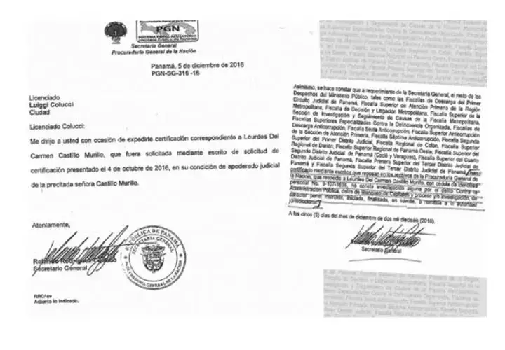 Certificación del Ministerio Público que desliga a Lourdes Castillo de proceso judicial alguno. /Foto Archivo