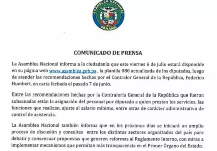Asamblea hizo publica la nota de la planilla /Foto Cortesía.