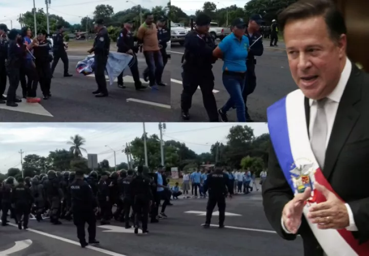 Estudiantes de la escuela Victoriano Lorenzo y la docente  Dalia Morales (cuadro superior) fueron reprimidos por antimotines, con detenciones que duraron varias horas. /Foto José Vásquez