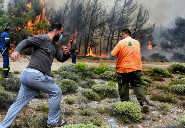 Varios bomberos y voluntarios luchan contra las llamas. Foto: EFE 