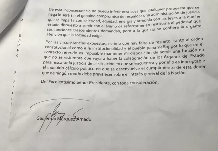 Carta de Guillermo Marquez Amado, aspirante a la Corte Suprema de Justicia.