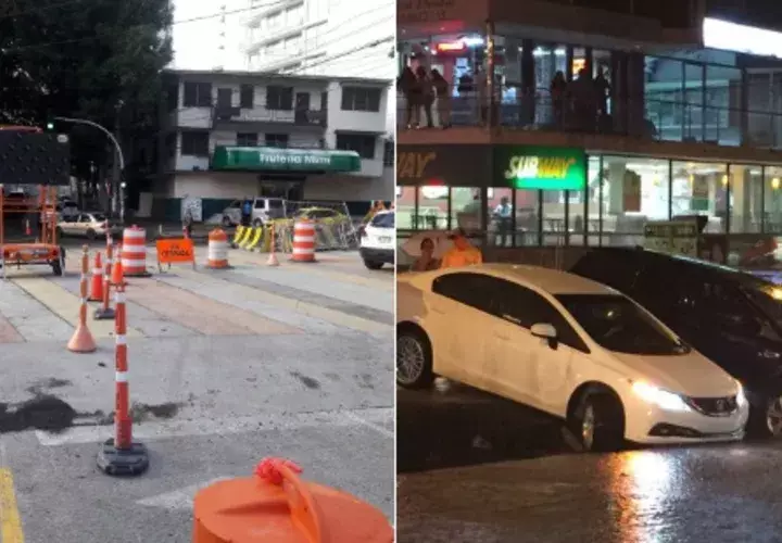 Reparan losa en la Vía Argentina que había colapsado tras la lluvia del miércoles. Foto: Redes sociales.