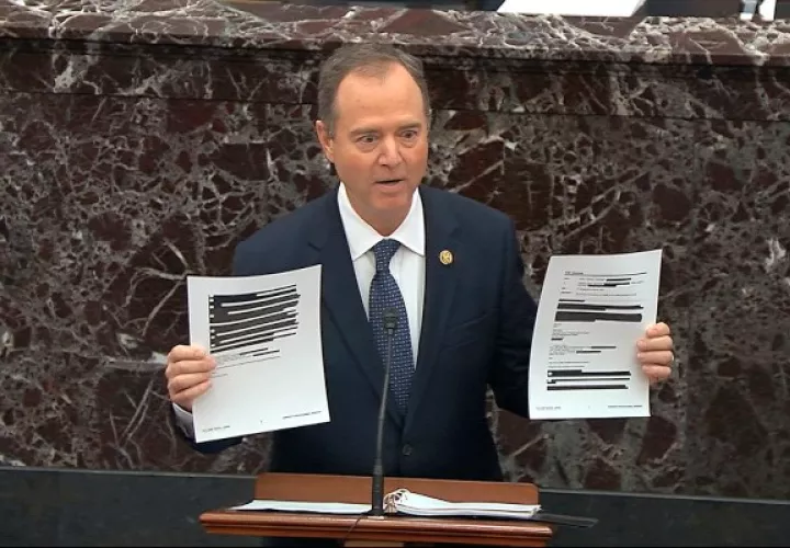 el representante de la acusación de la Cámara de Representantes, Adam Schiff, demócrata de California, habla durante el juicio de acusación contra el presidente Donald Trump en el Senado en el Capitolio de los Estados Unidos en Washington. FOTO/AP