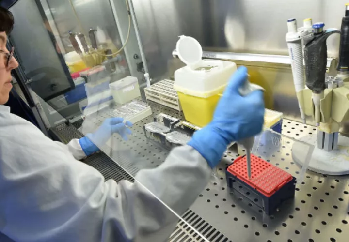 Un asistente de laboratorio prepara una prueba para el coronavirus. Foto EFE