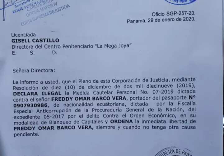 Orden de liberación del ecuatoriano, firmada por el presidente de la Corte. Foto de Luis Avila