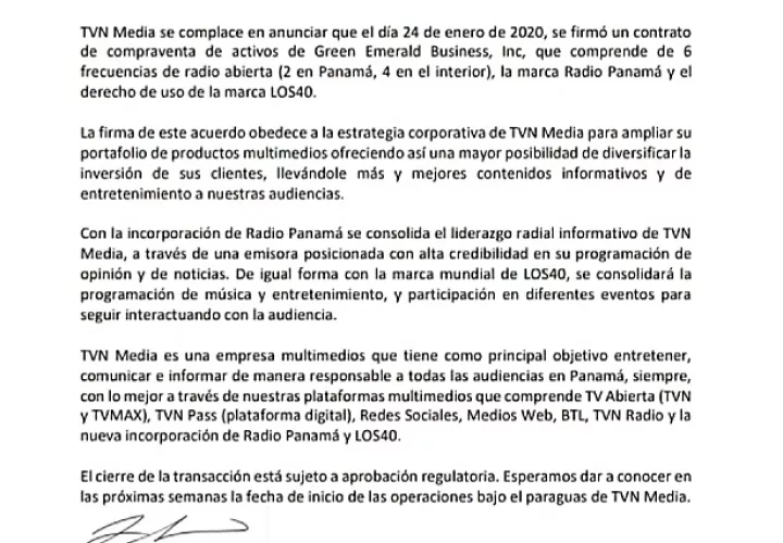 Comunicado de TVN Media, anunciando la compra. Foto de Twitter
