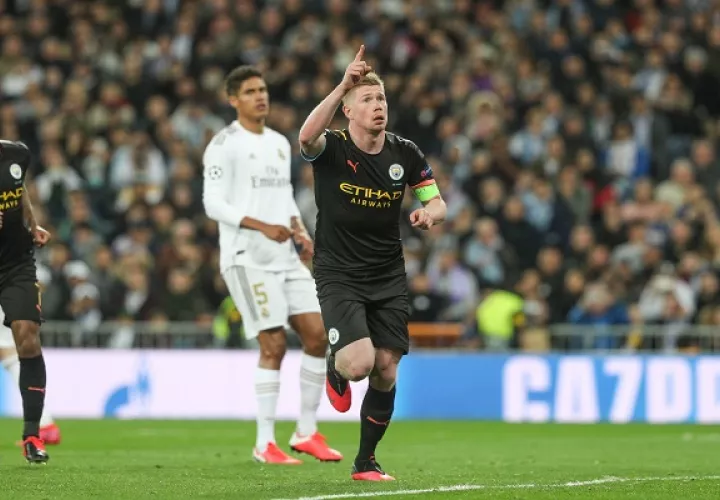 Kevin de Bruyne festeja su gol ante Real Madrid. Foto:EFE