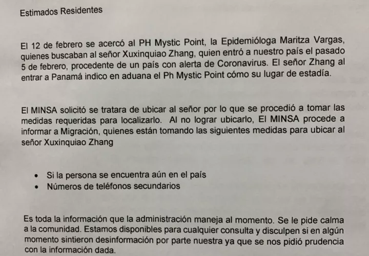 Nota que la administración del P. H. circuló a sus residentes.