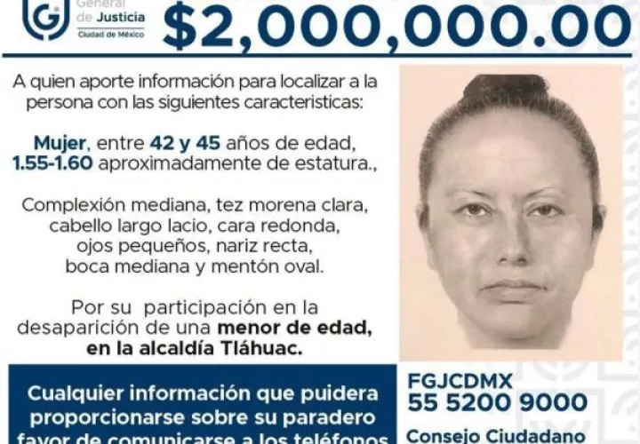 Según el retrato difundido por la FGJ, se trata de una mujer "entre 42 y 45 años de edad" y de 1,55 a 1,60 metros de estatura de "complexión mediana, tez morena clara, cabello largo lacio, cara redonda, ojos pequeños, nariz recta, boca mediana y mentón oval".