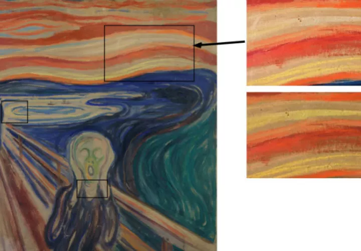 Detalles de “El Grito”. Cómo luce la obra hoy (sup.) y cómo podría haber lucido. Foto / Munch Museum.